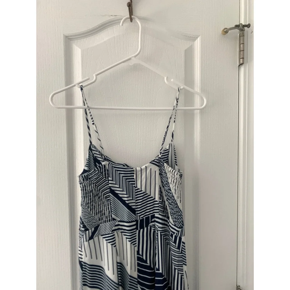 Yumi Kim Navy White Geometric Stripe Tie Front Midi Dress XS Pocket Smocked Back - Picture 11 of 13